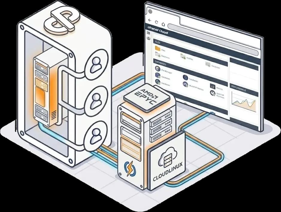 cPanel cloud hosting infrastructure illustration with server stack, AMD EPYC node, and control panel