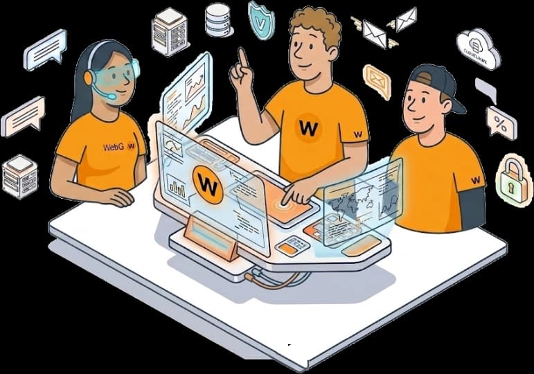 WebGee support team illustration: headset, laptop, and friendly staff ready to help