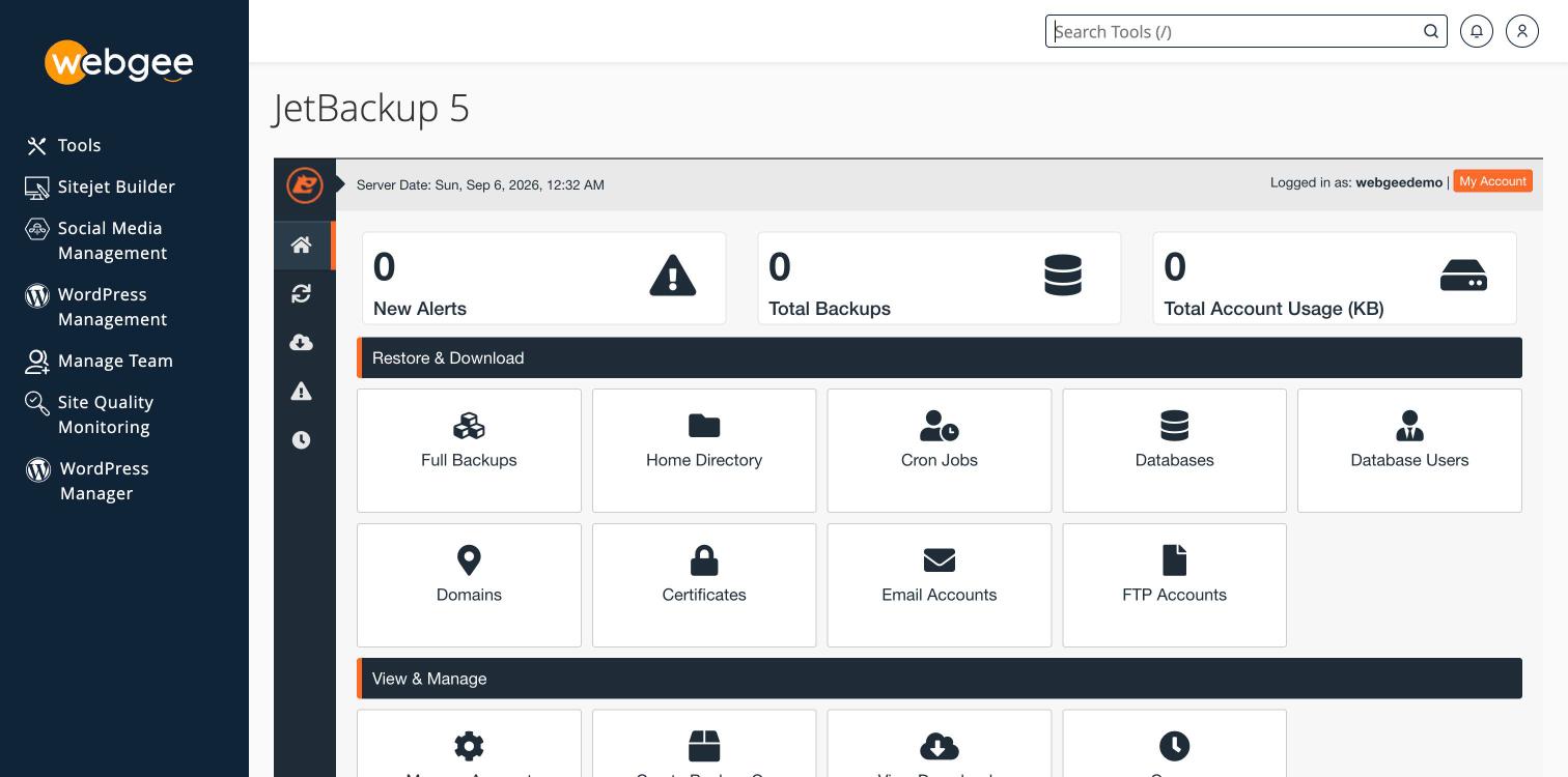 The JetBackup 5 dashboard in cPanel, with counters for New Alerts, Total Backups and Total Account Usage, and Restore & Download tiles for Full Backups, Home Directory, Cron Jobs, Databases, Database Users, Domains, Certificates, Email Accounts and FTP Accounts