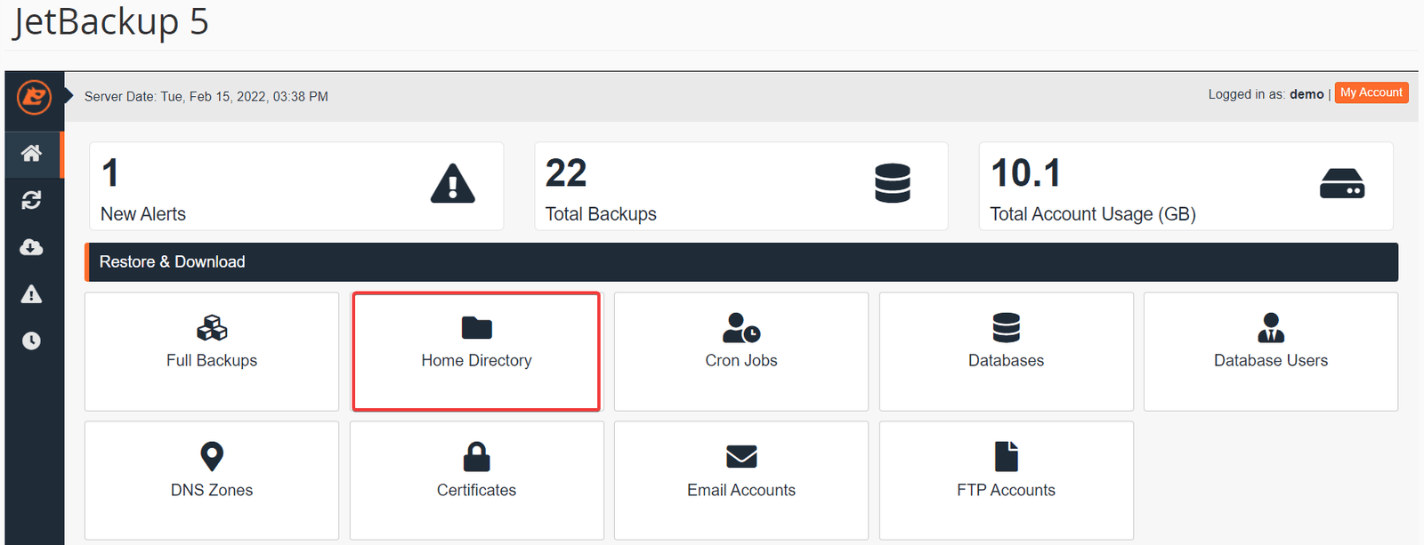 JetBackup 5 Restore & Download section with the Home Directory tile highlighted