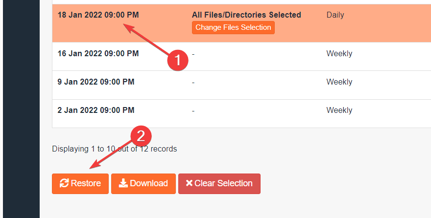 A list of JetBackup home directory backups by date, with one daily backup selected showing All Files/Directories Selected and a Change Files Selection button, above Restore, Download and Clear Selection buttons