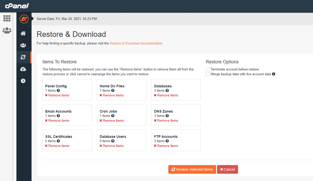 JetBackup Restore & Download summary listing every item in a full restore: Panel Config, Home Dir Files, Databases, Email Accounts, Cron Jobs, DNS Zones, SSL Certificates, Database Users and FTP Accounts, each with a Remove items link