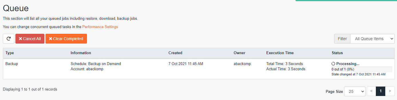 The JetBackup Queue page showing a Backup job with Schedule: Backup on Demand and status Processing