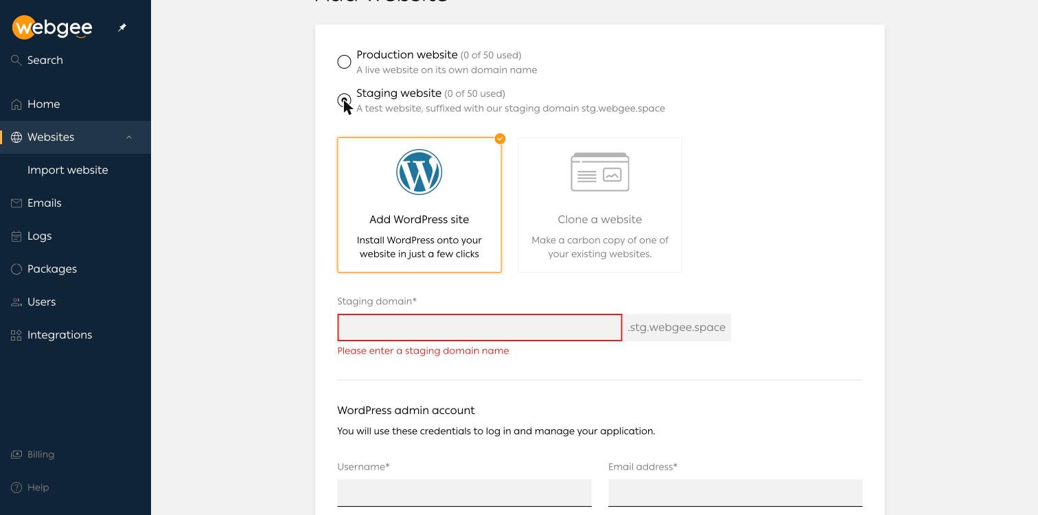 Formulario Add website de WordPress Cloud con la opción Staging website seleccionada, las opciones Add WordPress site y Clone a website, y un campo Staging domain que termina en .stg.webgee.space