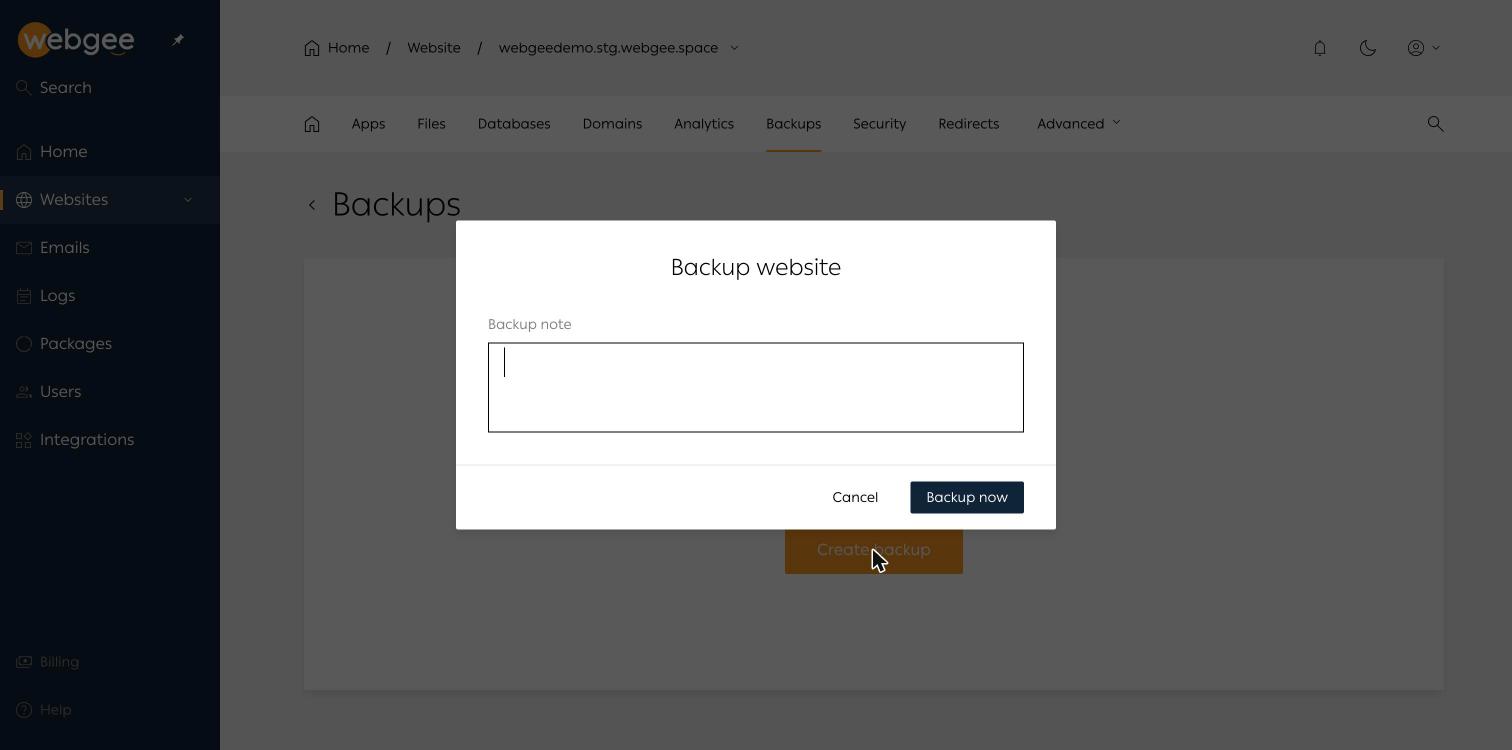 Cuadro de diálogo Backup website de WordPress Cloud con el campo Backup note vacío y un botón Backup now