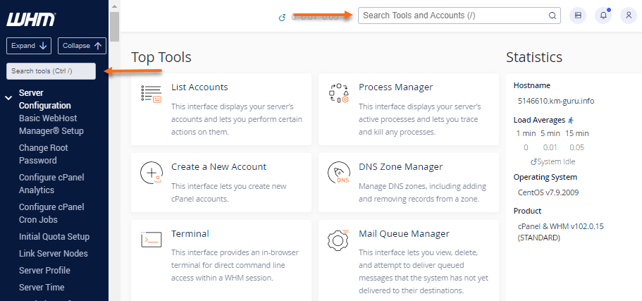 The WHM home screen with arrows pointing to the sidebar tool search and the Search Tools and Accounts box at the top