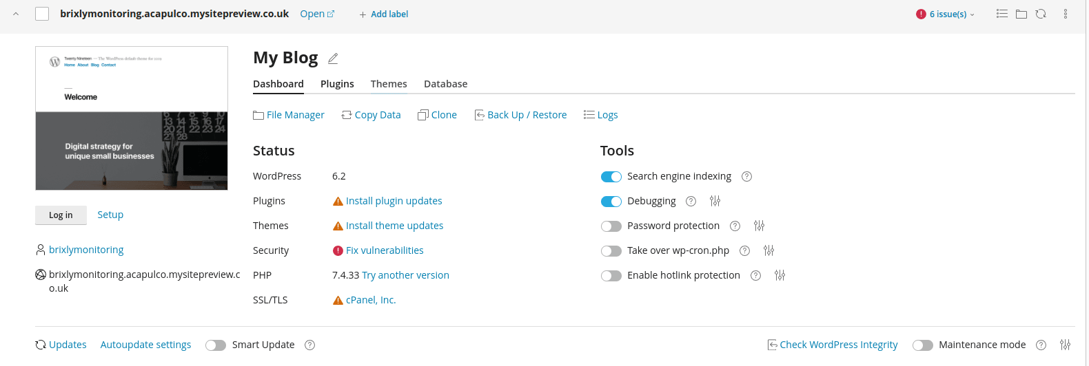 Un sitio de WordPress en WP Toolkit con la pestaña Dashboard, los enlaces File Manager, Copy Data, Clone, Back Up / Restore y Logs, y los paneles de estado y herramientas