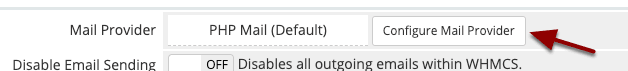 The WHMCS Mail settings showing Mail Provider set to PHP Mail (Default) with an arrow pointing to the Configure Mail Provider button