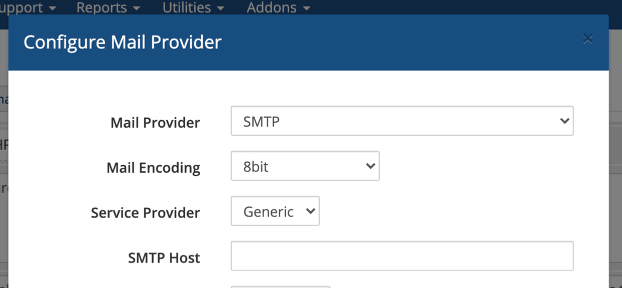 The WHMCS Configure Mail Provider dialog with Mail Provider set to SMTP, Mail Encoding 8bit, Service Provider Generic and an empty SMTP Host field