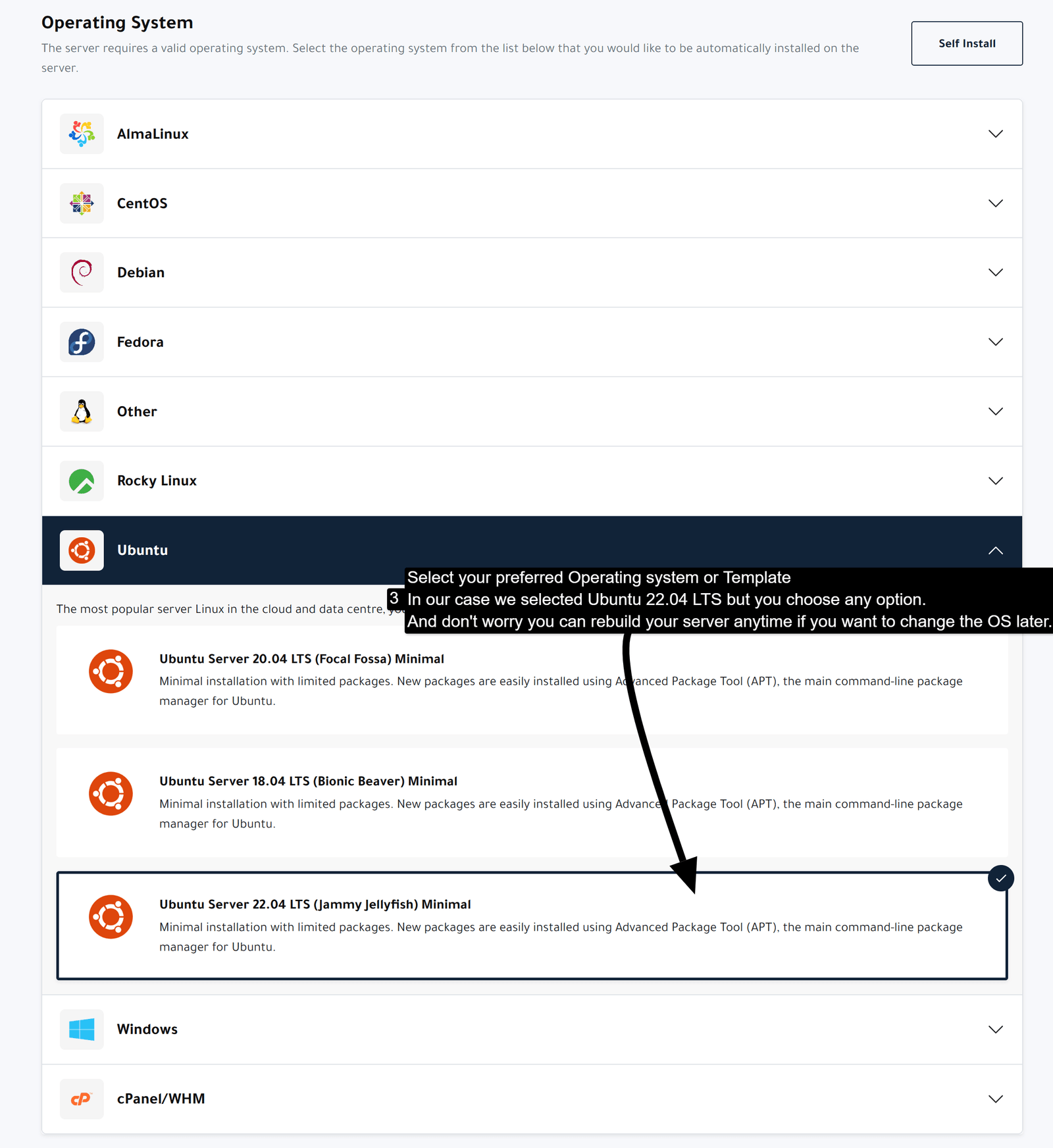 The Cloud Console operating system list with AlmaLinux, CentOS, Debian, Fedora, Rocky Linux and Ubuntu families, with an Ubuntu Server LTS Minimal template selected