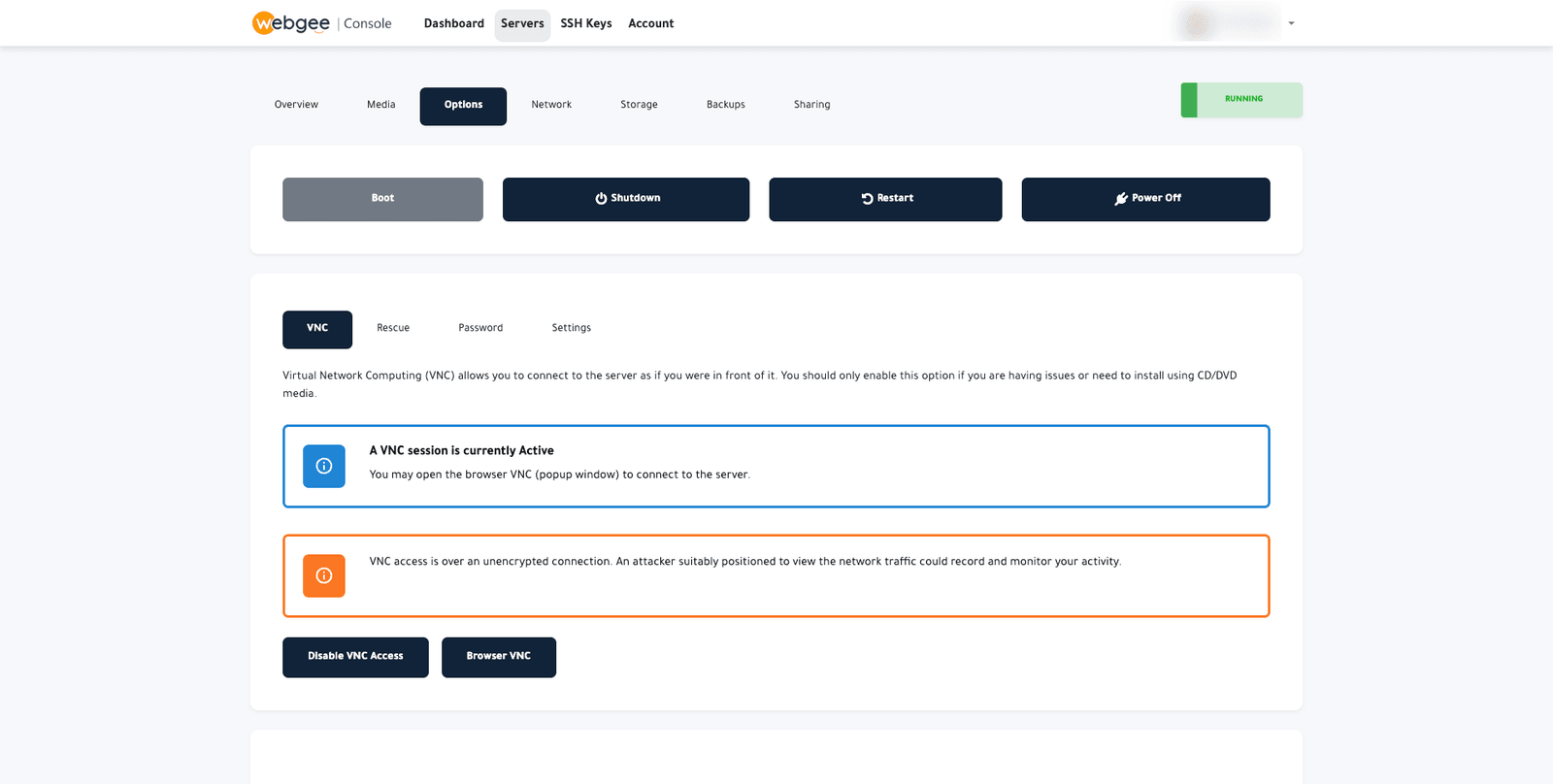 The Options tab of the Cloud Console with VNC, Rescue, Password and Settings sub-tabs, an active VNC session notice, an unencrypted-connection warning, and Disable VNC Access and Browser VNC buttons