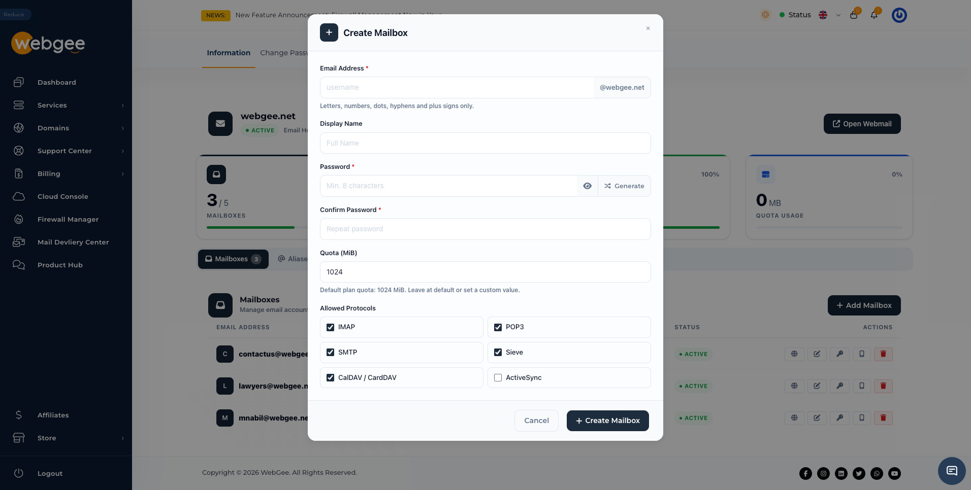 The Create Mailbox dialog with fields for email address, display name, password with a Generate button, quota in MiB and checkboxes for IMAP, POP3, SMTP, Sieve, CalDAV/CardDAV and ActiveSync