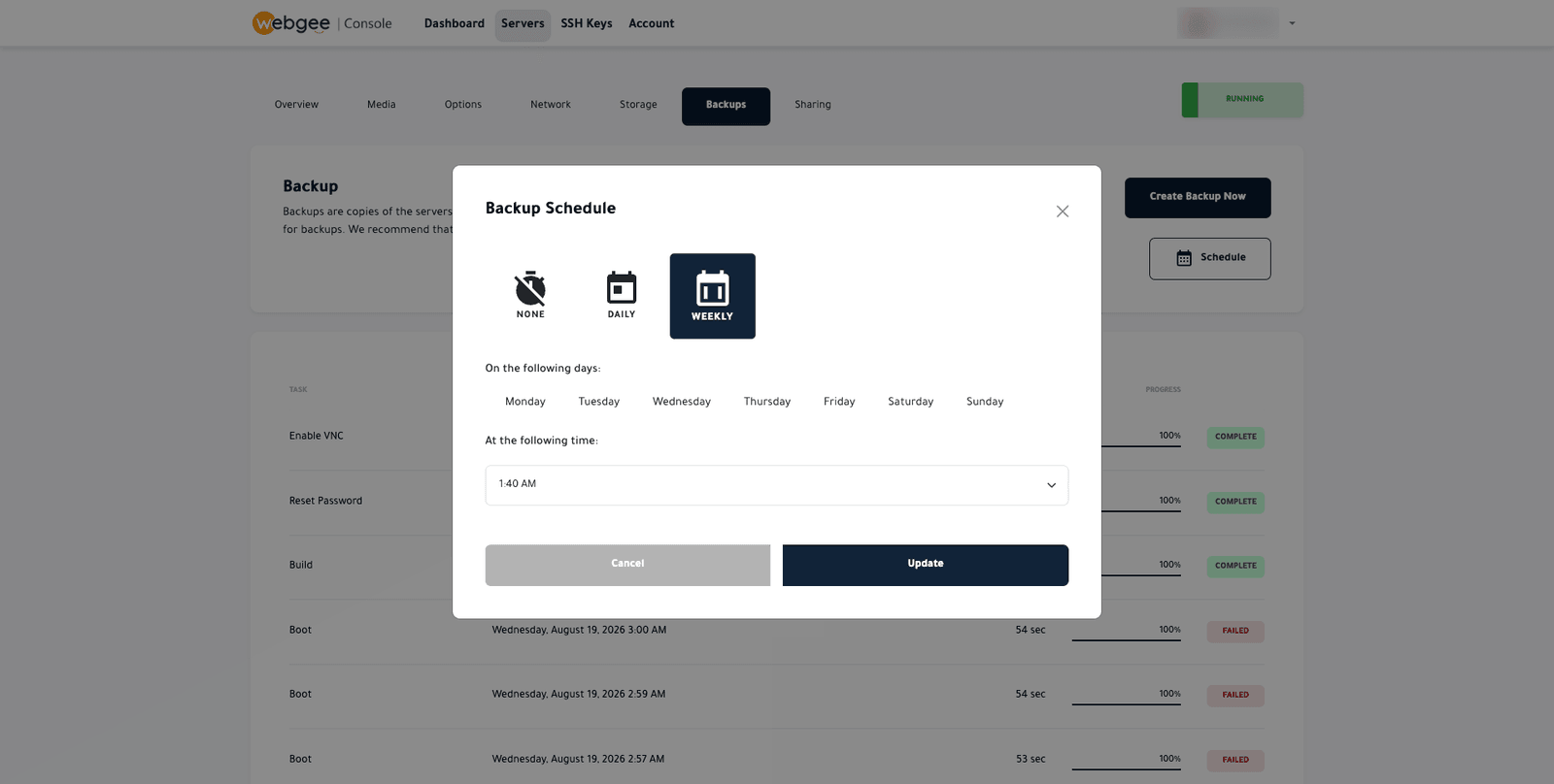 The Backup Schedule dialog with None, Daily and Weekly options, Weekly selected, a row of weekdays to choose from, a time picker set to 1:40 AM, and Cancel and Update buttons