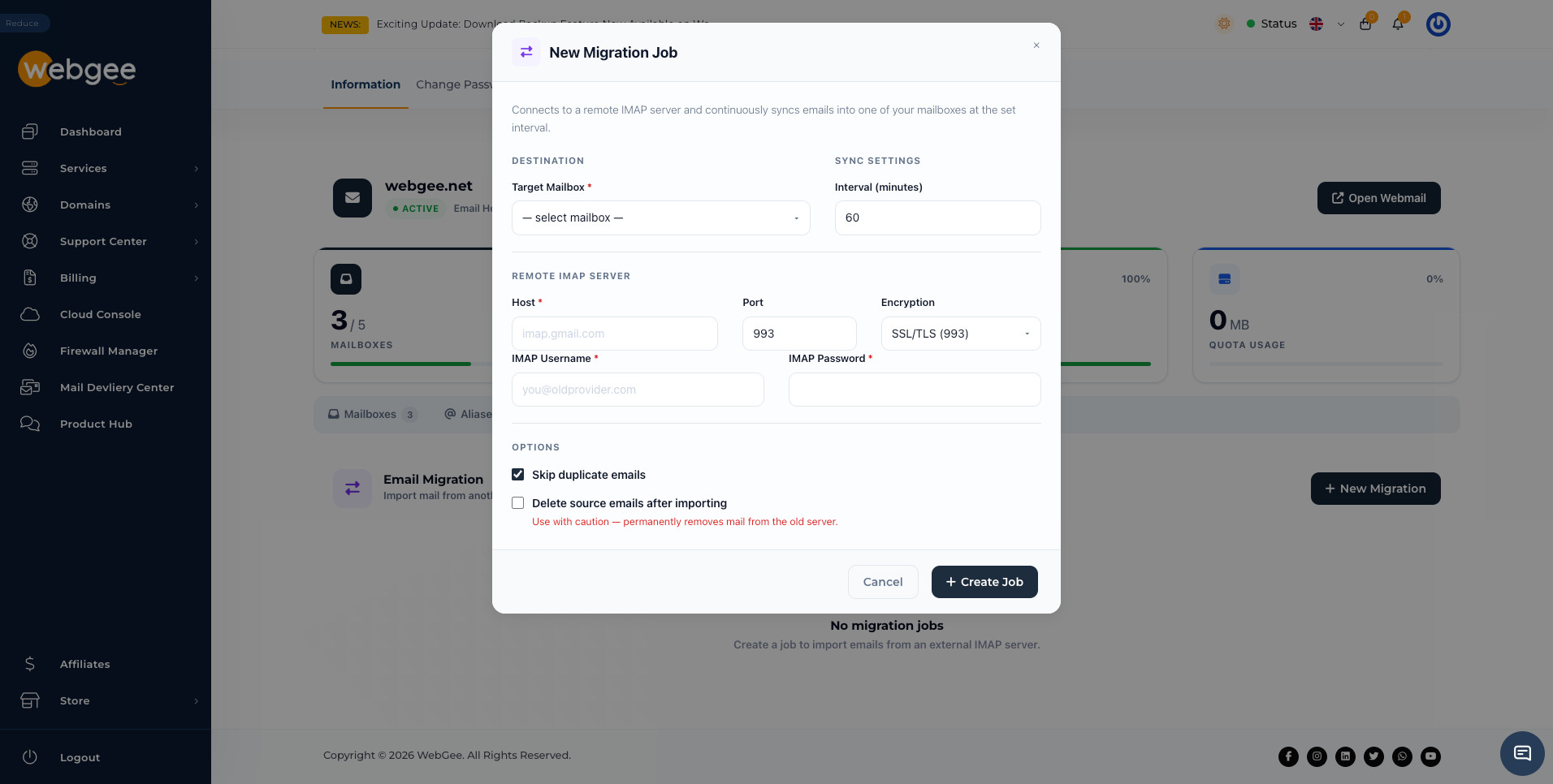 The New Migration Job dialog with a target mailbox selector, sync interval, remote IMAP host, port, encryption, username and password fields, and options to skip duplicates or delete source emails