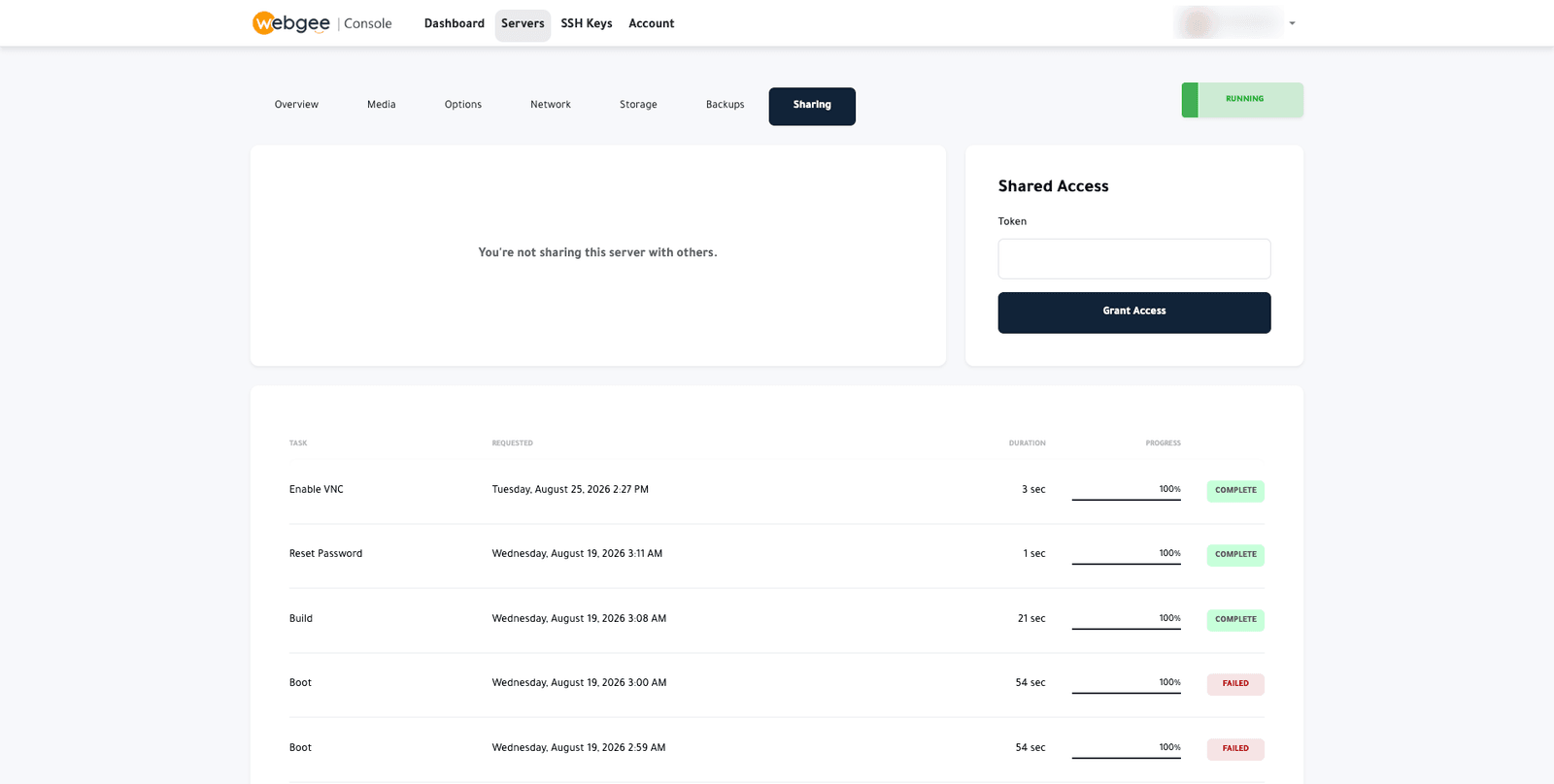 The Sharing tab with a message saying the server is not shared with anyone, a Shared Access panel with a Token field and a Grant Access button, and the recent task list below