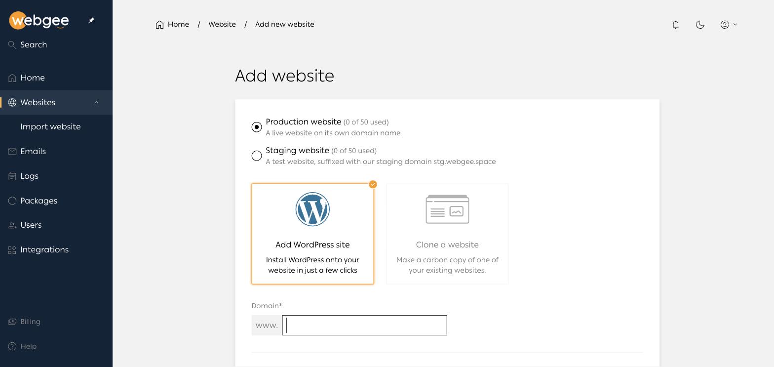 El formulario Añadir sitio web de WordPress Cloud, con las opciones de producción y staging y los recuadros Añadir sitio WordPress y Clonar un sitio web